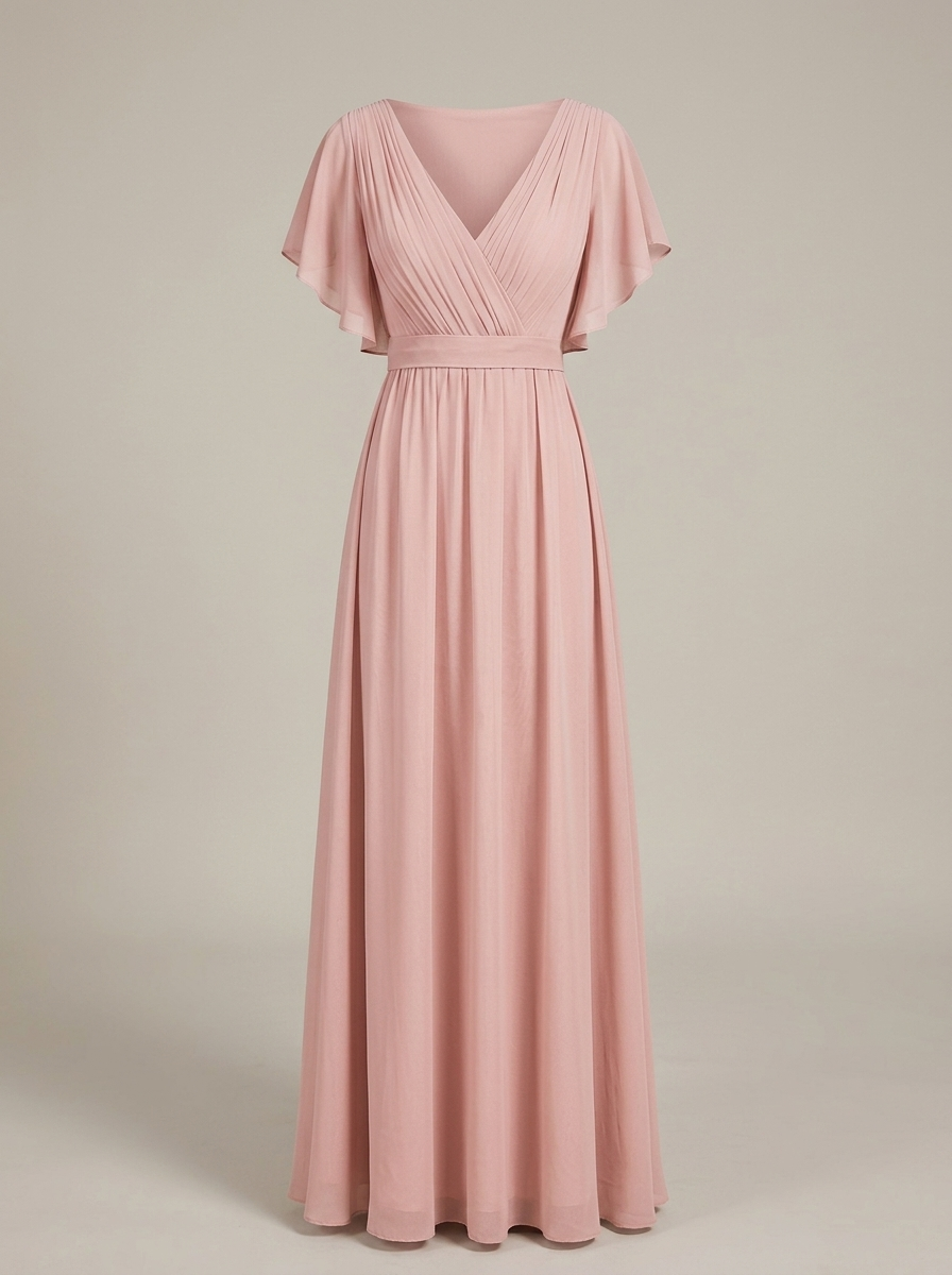 Eulalie | Robe Maxi Chiffon Col V Plissé Manches Papillon A-Line