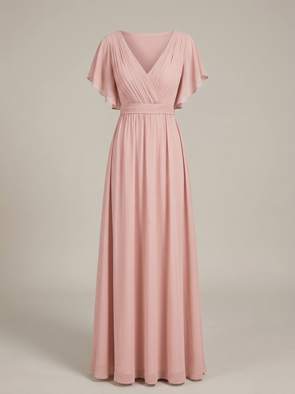 Eulalie | Robe Maxi Chiffon Col V Plissé Manches Papillon A-Line