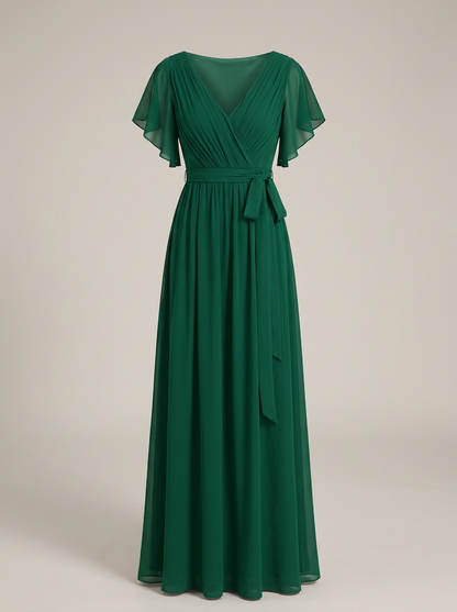 Eulalie | Robe Maxi Chiffon Col V Plissé Manches Papillon A-Line