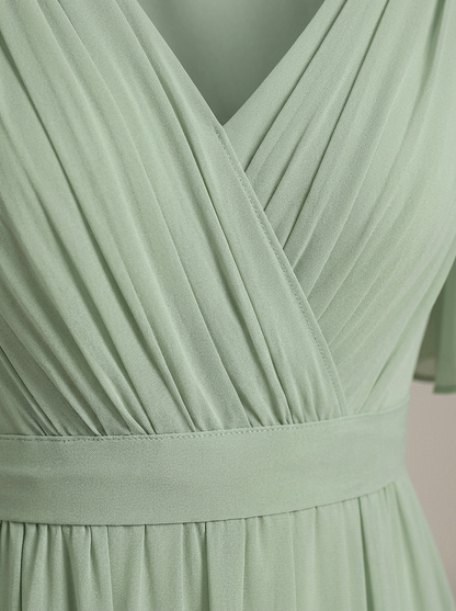 Eulalie | Robe Maxi Chiffon Col V Plissé Manches Papillon A-Line