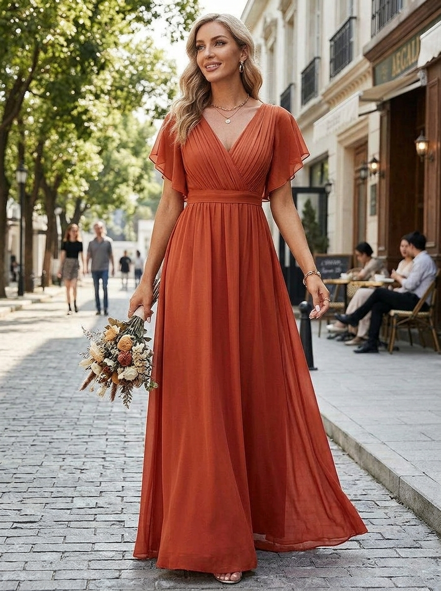 Eulalie | Robe Maxi Chiffon Col V Plissé Manches Papillon A-Line