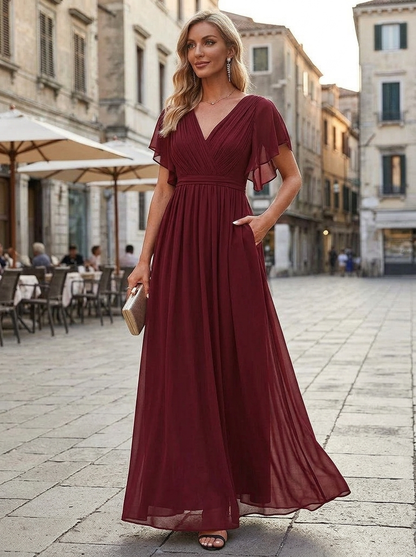 Eulalie | Robe Maxi Chiffon Col V Plissé Manches Papillon A-Line