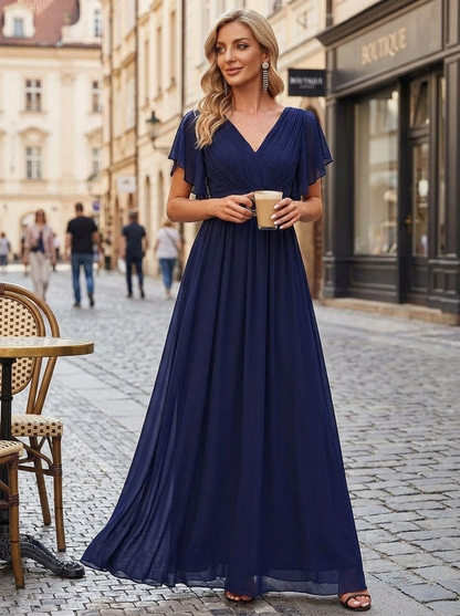 Eulalie | Robe Maxi Chiffon Col V Plissé Manches Papillon A-Line