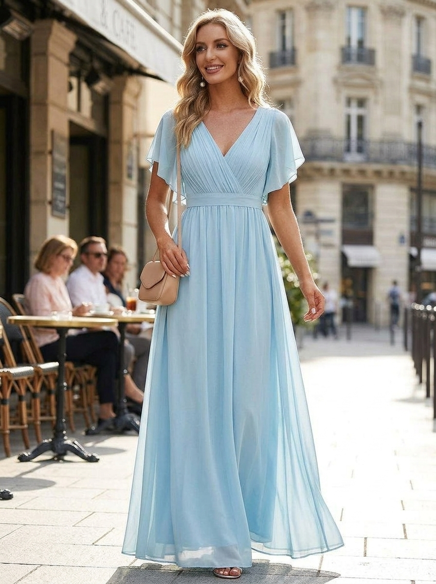 Eulalie | Robe Maxi Chiffon Col V Plissé Manches Papillon A-Line
