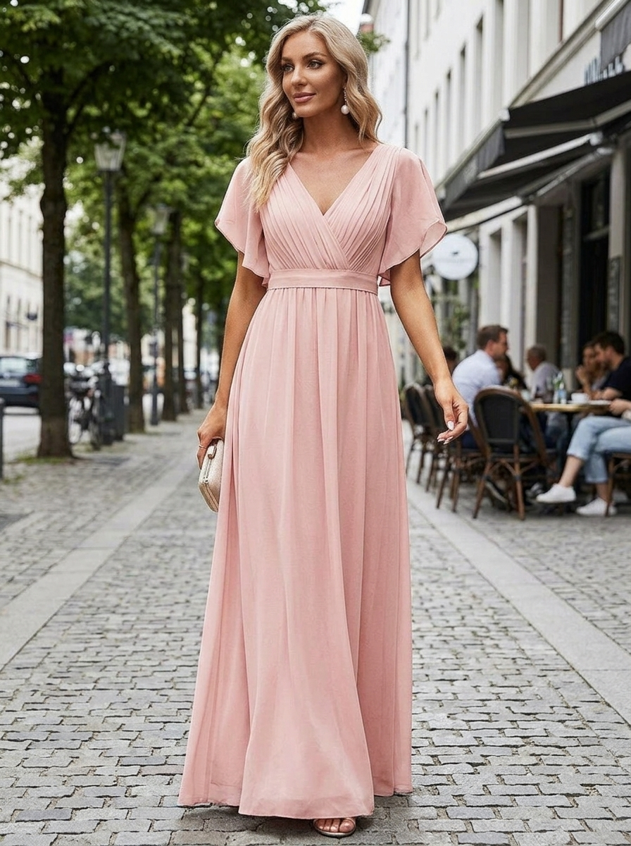 Eulalie | Robe Maxi Chiffon Col V Plissé Manches Papillon A-Line