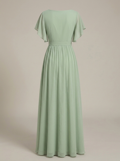 Eulalie | Robe Maxi Chiffon Col V Plissé Manches Papillon A-Line