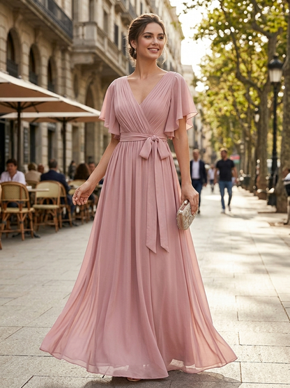 Eulalie | Robe Maxi Chiffon Col V Plissé Manches Papillon A-Line