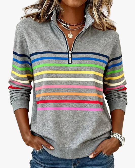 Iris | Pull Femme en Maille Rayé Multicolore Demi-Zip Col Montant