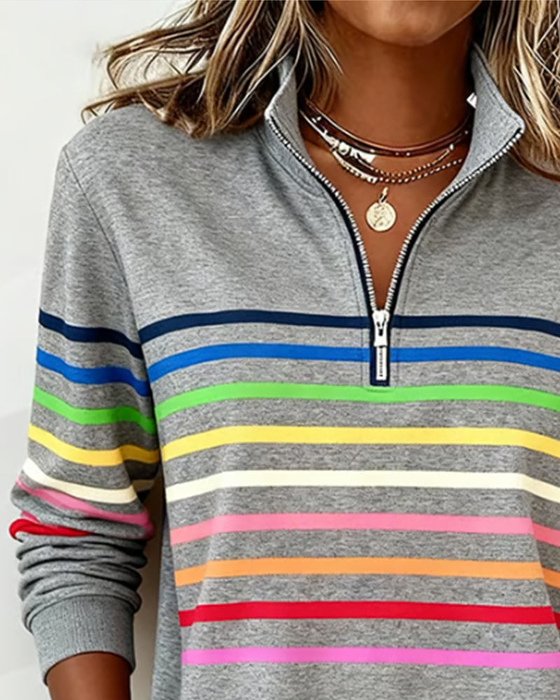 Iris | Pull Femme en Maille Rayé Multicolore Demi-Zip Col Montant