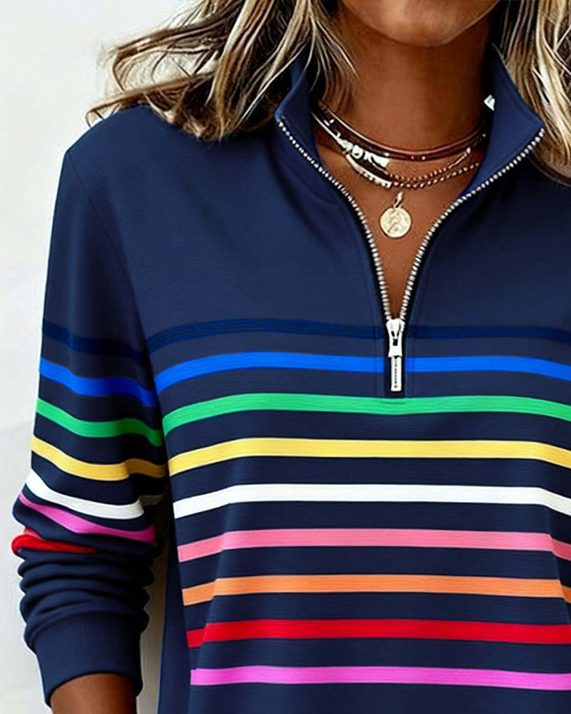Iris | Pull Femme en Maille Rayé Multicolore Demi-Zip Col Montant