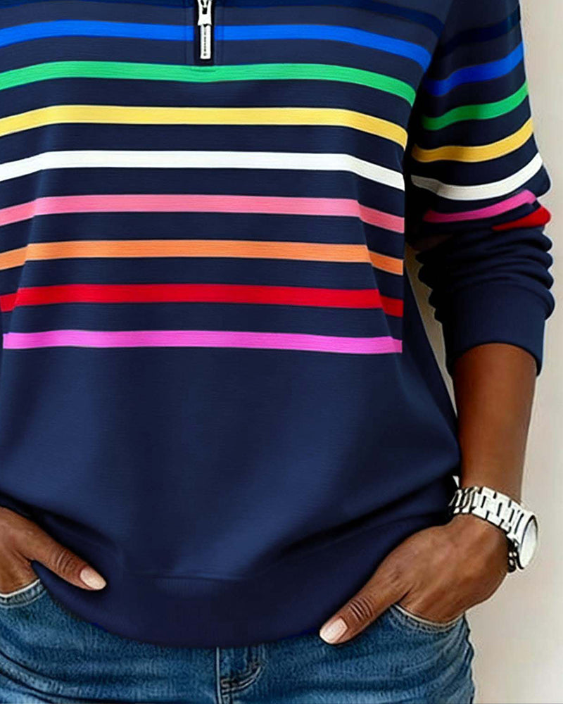 Iris | Pull Femme en Maille Rayé Multicolore Demi-Zip Col Montant