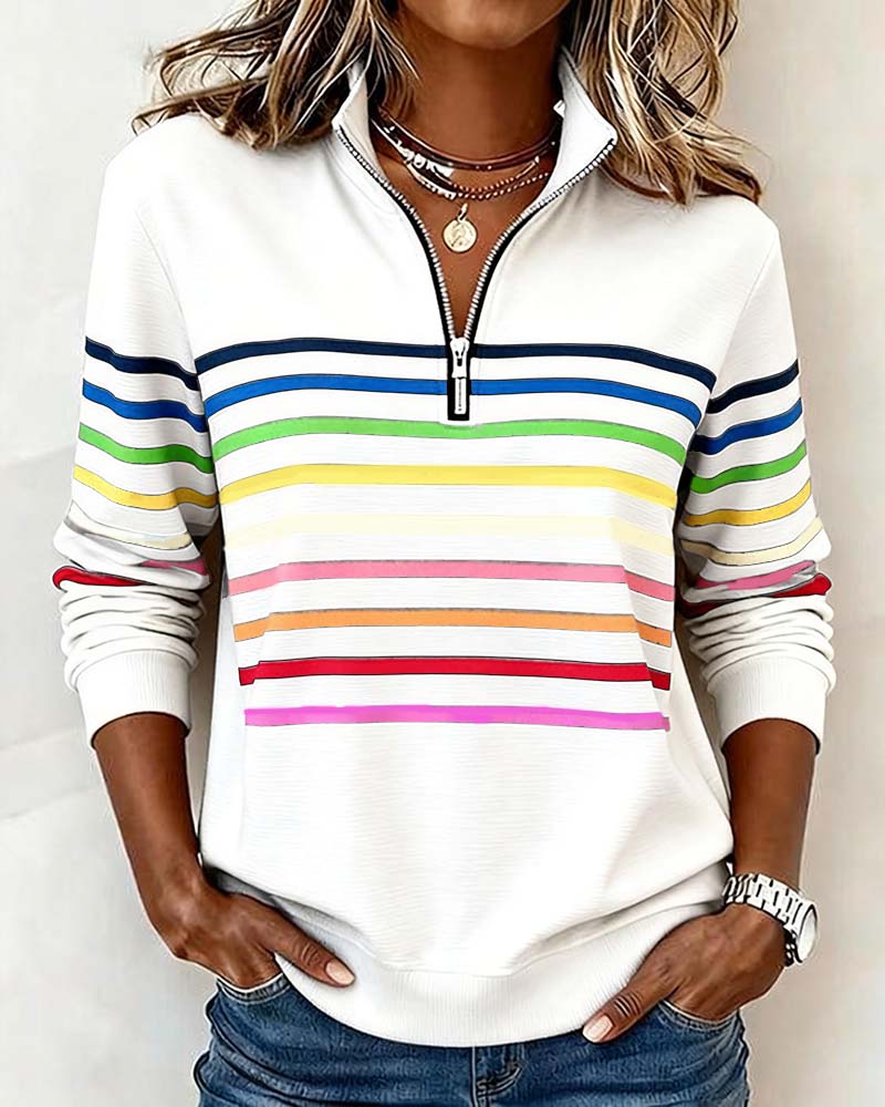 Iris | Pull Femme en Maille Rayé Multicolore Demi-Zip Col Montant
