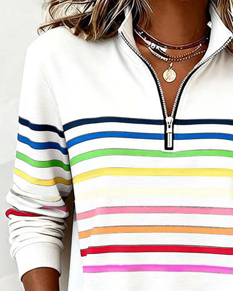 Iris | Pull Femme en Maille Rayé Multicolore Demi-Zip Col Montant