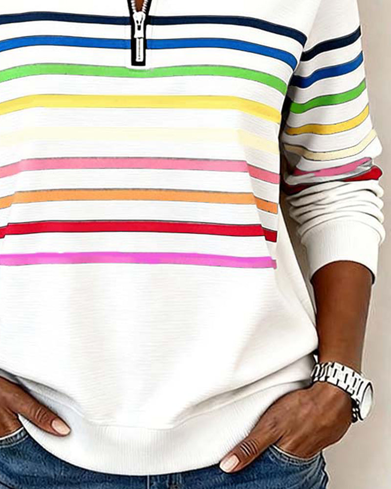 Iris | Pull Femme en Maille Rayé Multicolore Demi-Zip Col Montant