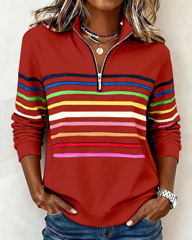 Iris | Pull Femme en Maille Rayé Multicolore Demi-Zip Col Montant