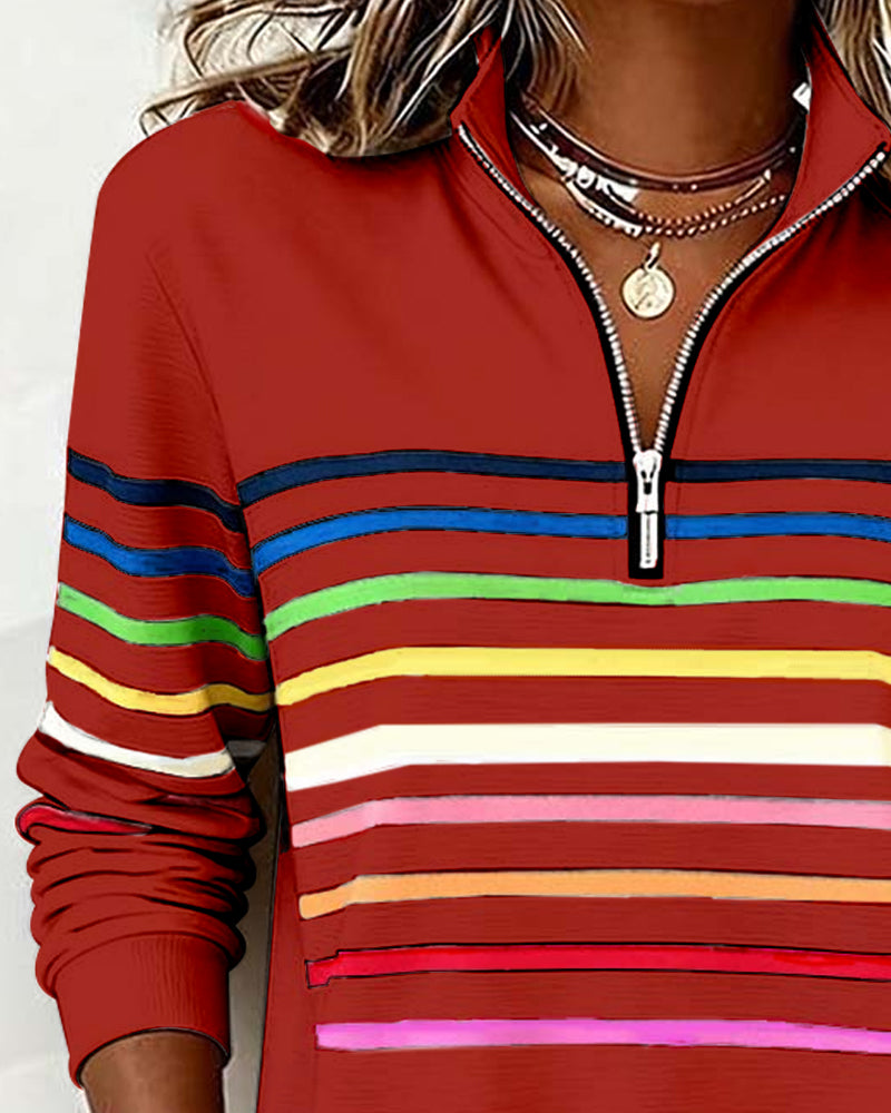 Iris | Pull Femme en Maille Rayé Multicolore Demi-Zip Col Montant