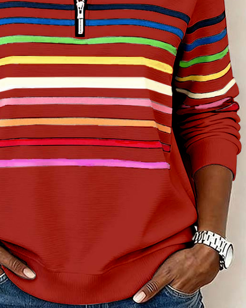 Iris | Pull Femme en Maille Rayé Multicolore Demi-Zip Col Montant