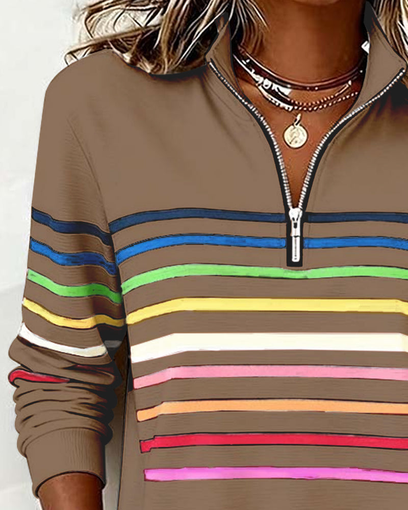 Iris | Pull Femme en Maille Rayé Multicolore Demi-Zip Col Montant