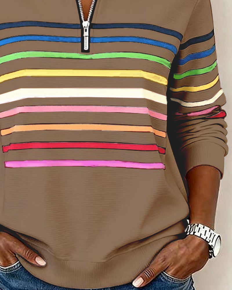 Iris | Pull Femme en Maille Rayé Multicolore Demi-Zip Col Montant