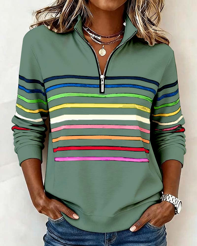 Iris | Pull Femme en Maille Rayé Multicolore Demi-Zip Col Montant