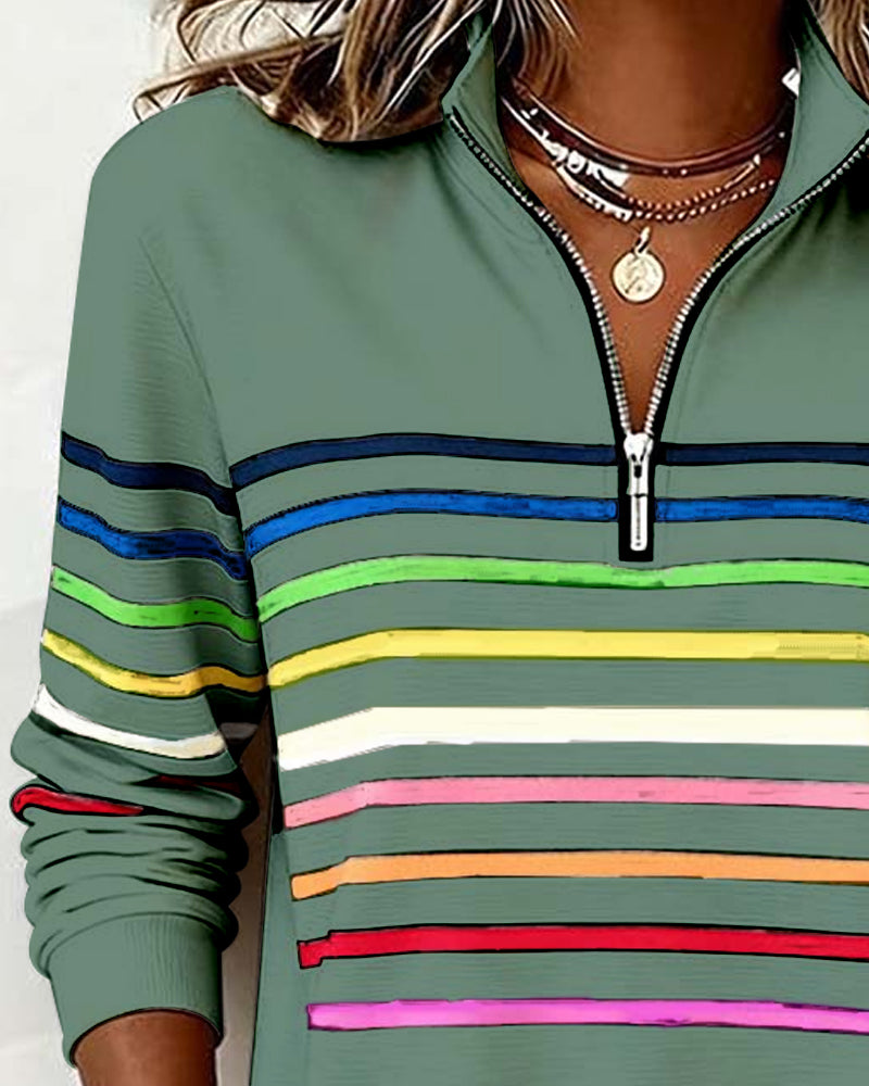 Iris | Pull Femme en Maille Rayé Multicolore Demi-Zip Col Montant