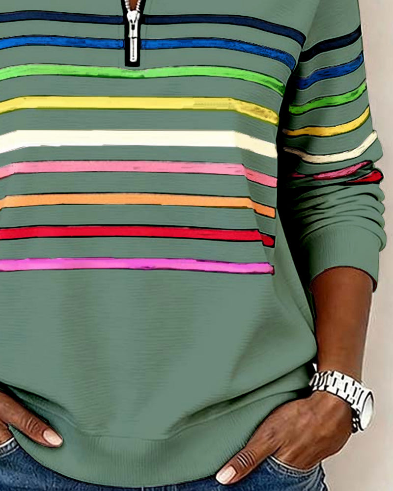 Iris | Pull Femme en Maille Rayé Multicolore Demi-Zip Col Montant