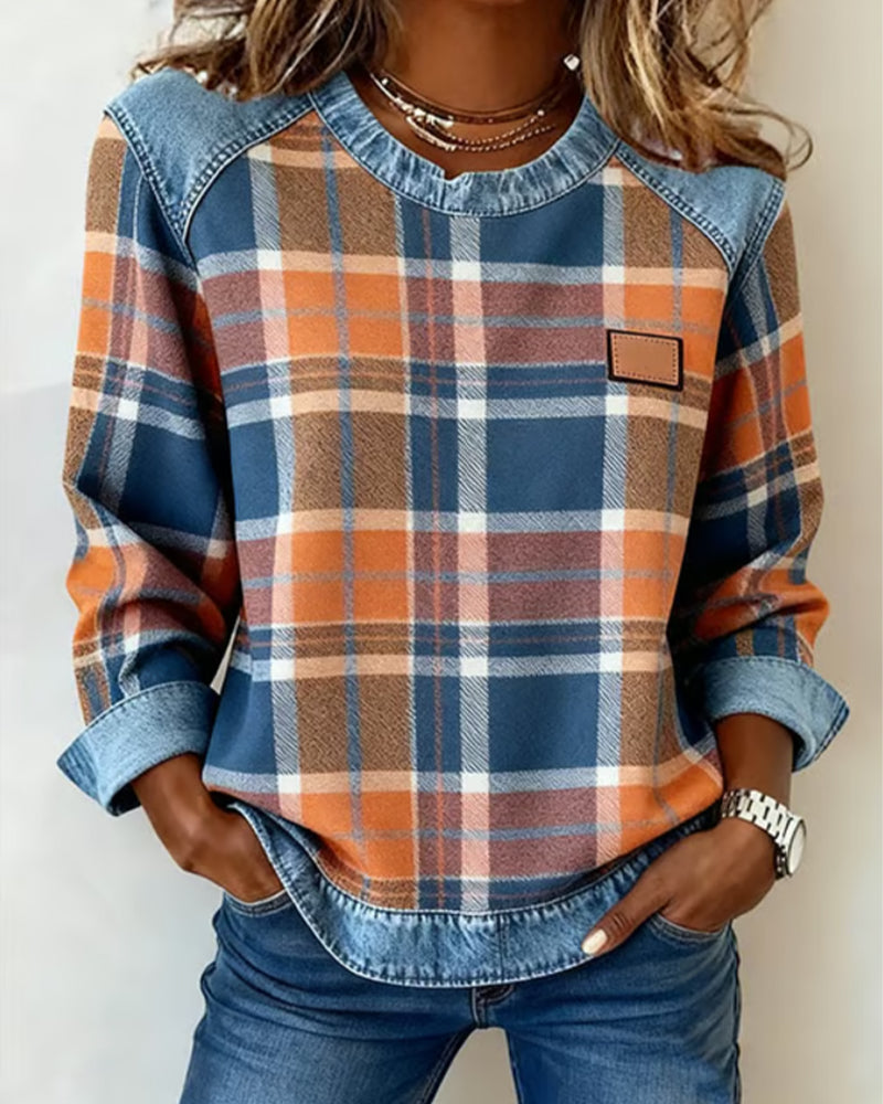 Ivy | Sweat Femme à Carreaux Patchwork Effet Denim Col Rond