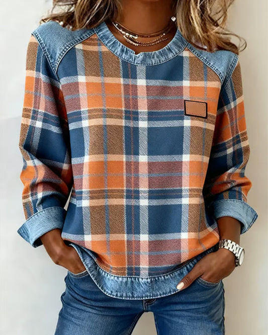 Ivy | Sweat Femme à Carreaux Patchwork Effet Denim Col Rond