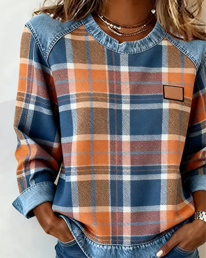Ivy | Sweat Femme à Carreaux Patchwork Effet Denim Col Rond