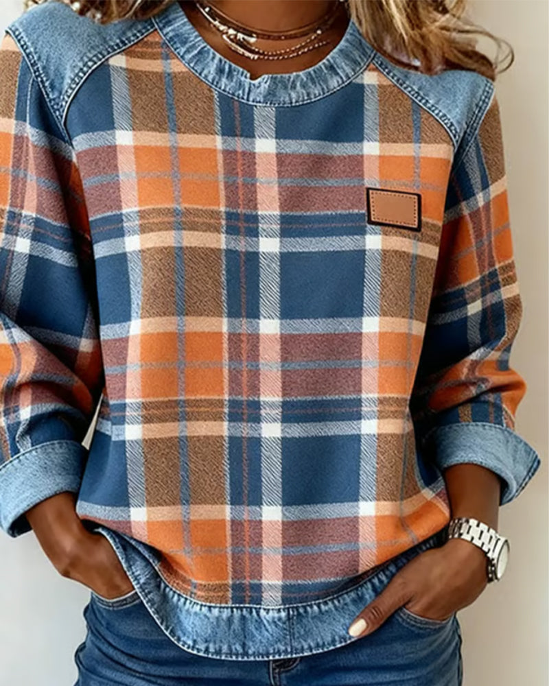 Ivy | Sweat Femme à Carreaux Patchwork Effet Denim Col Rond