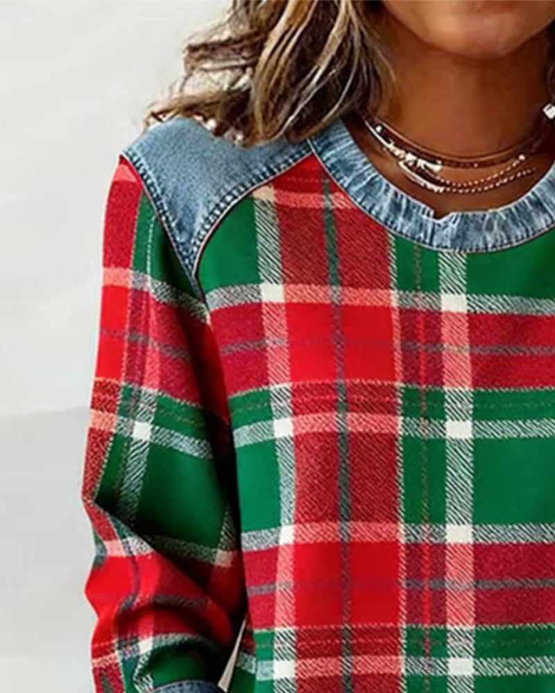 Ivy | Sweat Femme à Carreaux Patchwork Effet Denim Col Rond