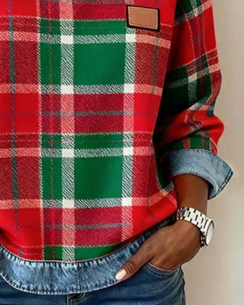 Ivy | Sweat Femme à Carreaux Patchwork Effet Denim Col Rond