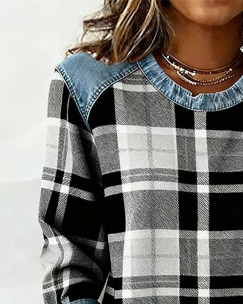 Ivy | Sweat Femme à Carreaux Patchwork Effet Denim Col Rond