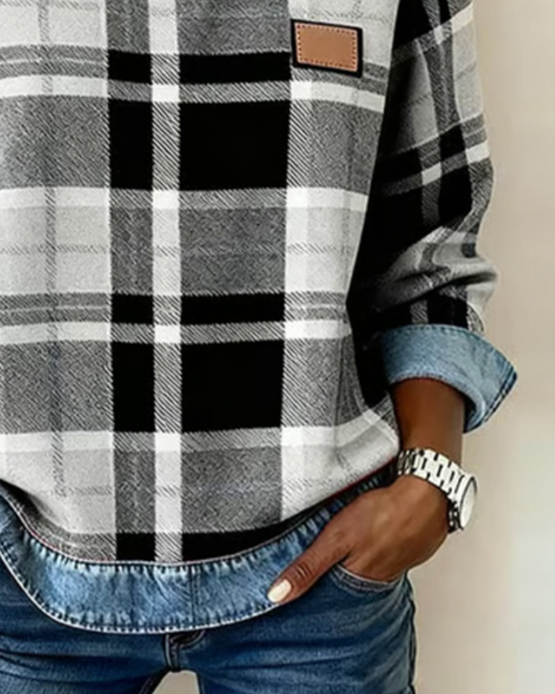 Ivy | Sweat Femme à Carreaux Patchwork Effet Denim Col Rond