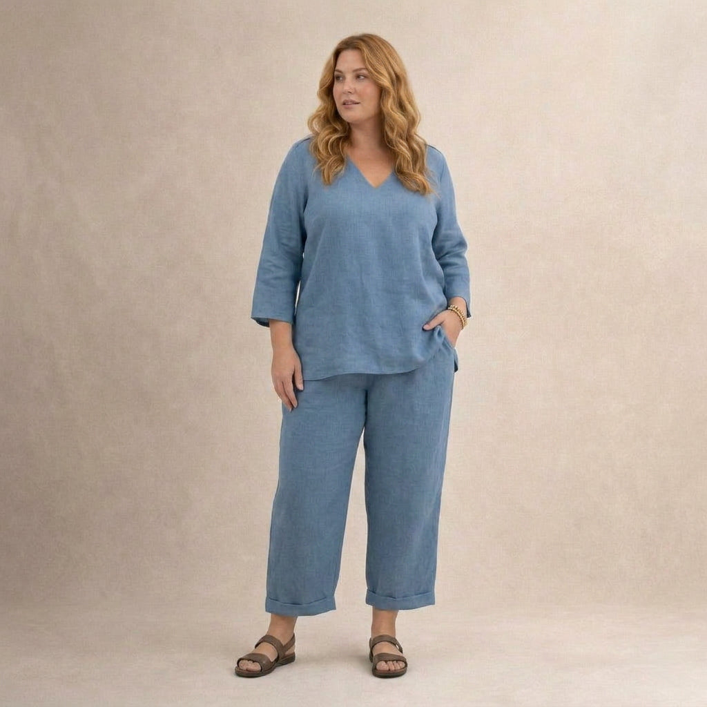 Lael | Ensemble Femme en Lin Col V et Pantalon Jambe Large