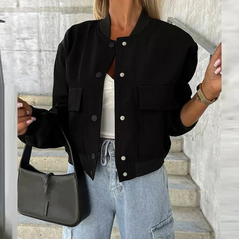 Léonie | Veste Bomber Femme Crop Col Rond à Boutons Pression et Poches