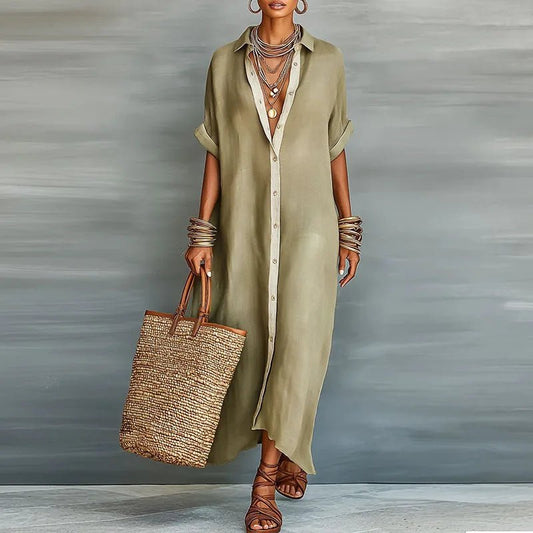 Lucie | Robe Maxi Chemise Lin Boutonnée Manches Retroussées Détendue