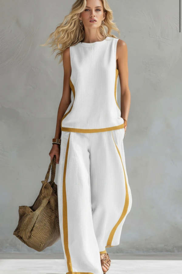Margaux | Ensemble Femme en Lin Top sans Manches et Pantalon Jambe Large