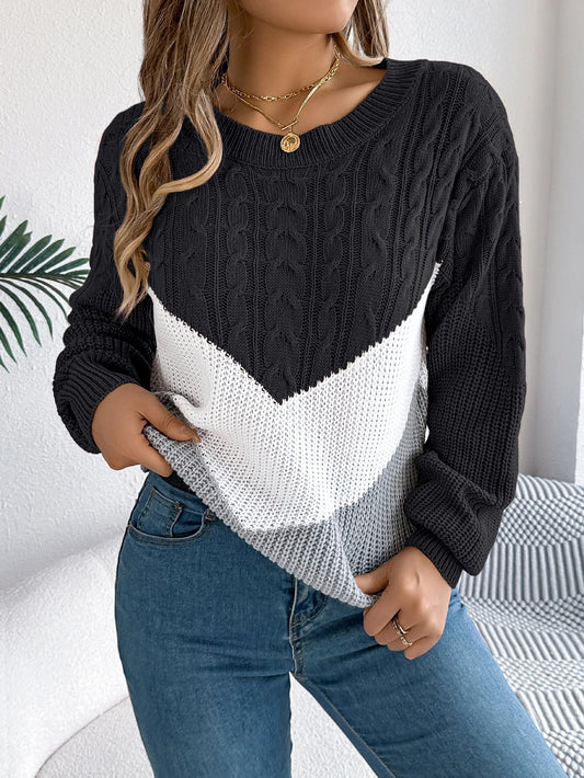 Mariselle | Pull Femme en Maille Torsadée Color Block Col Rond