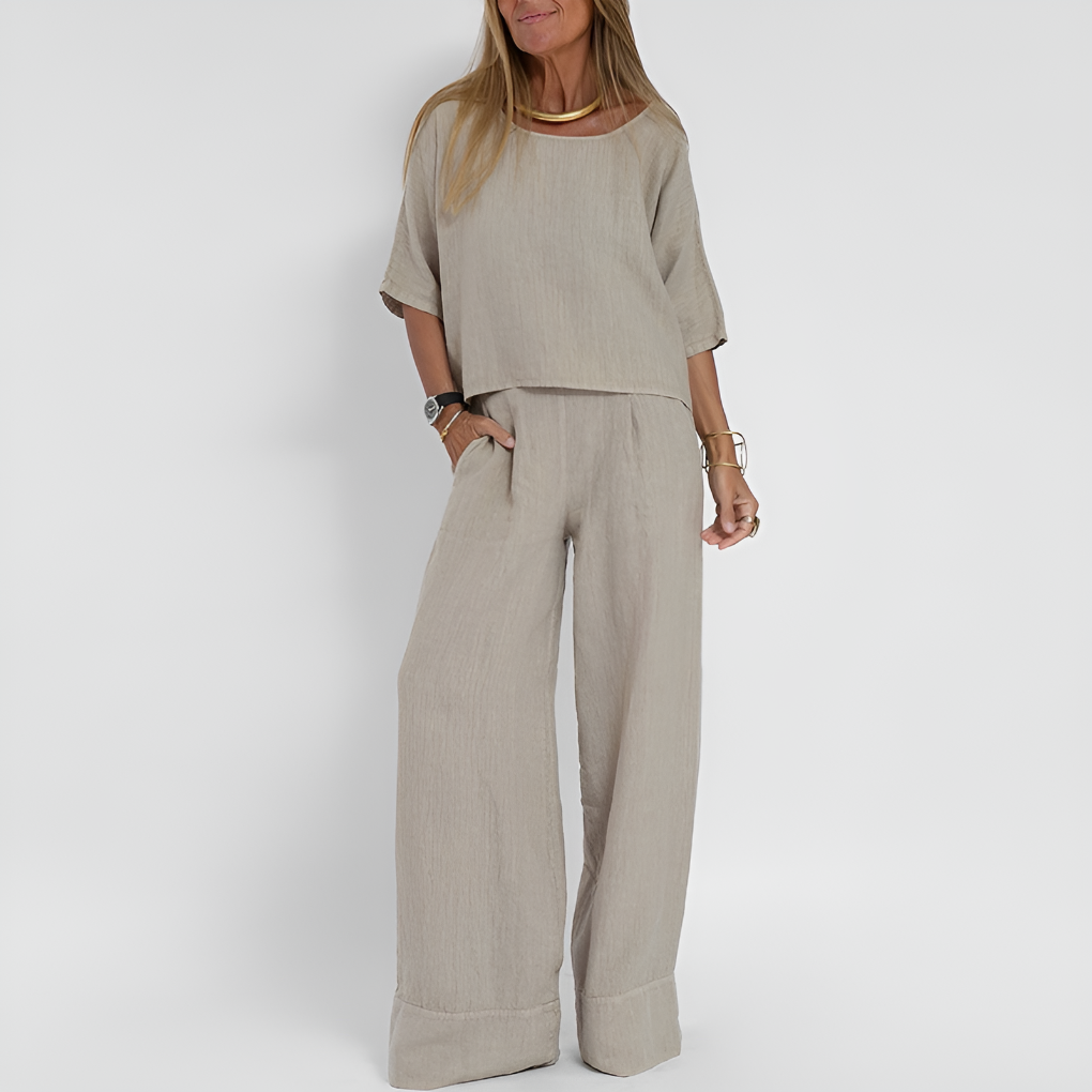 Niki | Ensemble Femme en Lin Top Col Rond et Pantalon Jambe Large