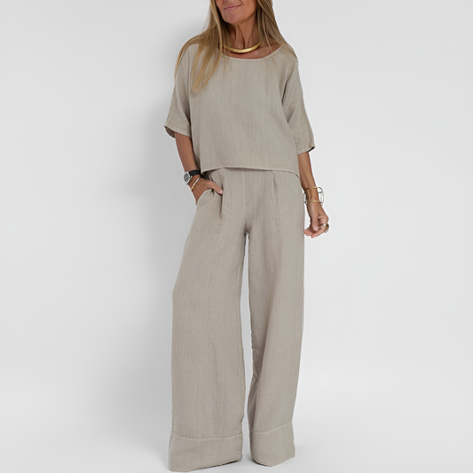 Niki | Ensemble Femme en Lin Top Col Rond et Pantalon Jambe Large