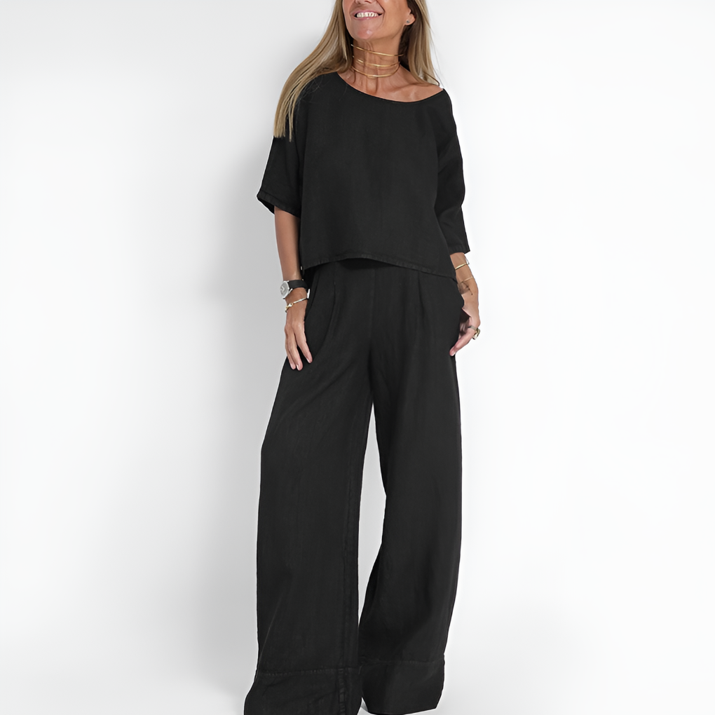 Niki | Ensemble Femme en Lin Top Col Rond et Pantalon Jambe Large