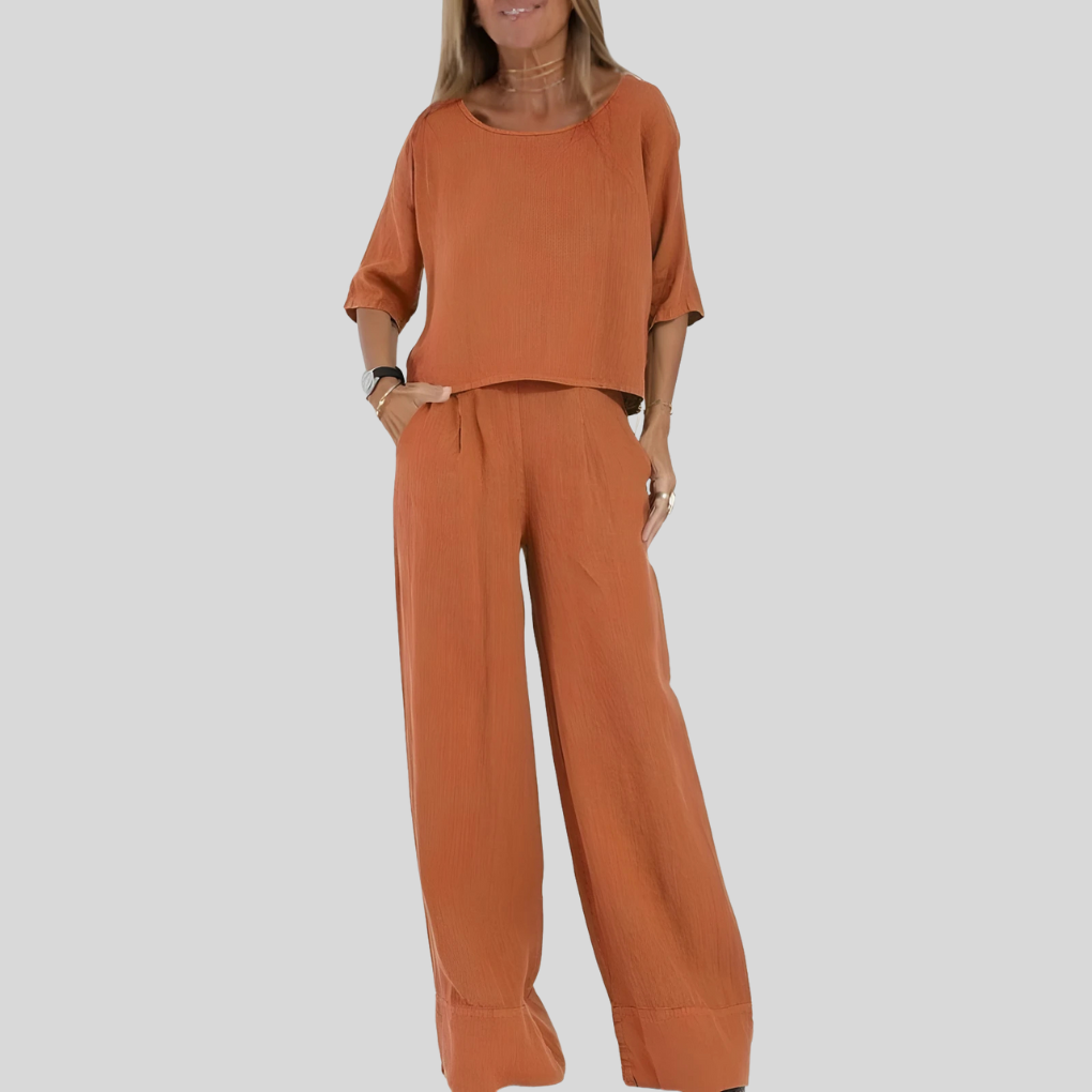 Niki | Ensemble Femme en Lin Top Col Rond et Pantalon Jambe Large