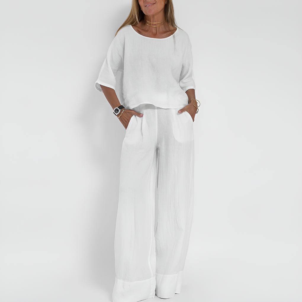 Niki | Ensemble Femme en Lin Top Col Rond et Pantalon Jambe Large