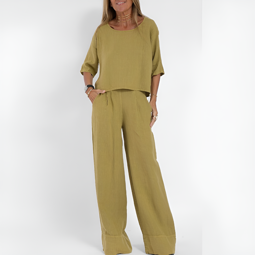 Niki | Ensemble Femme en Lin Top Col Rond et Pantalon Jambe Large