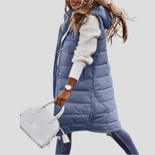 Niki | Gilet sans Manches Femme Long Matelassé à Capuche et Boutons