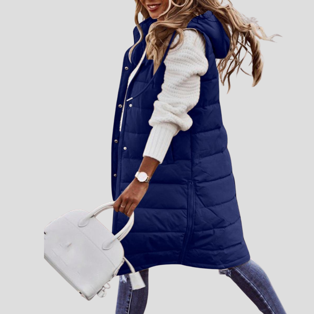 Niki | Gilet sans Manches Femme Long Matelassé à Capuche et Boutons