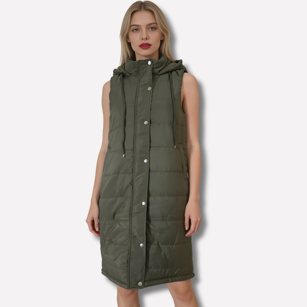 Niki | Gilet sans Manches Femme Long Matelassé à Capuche et Boutons