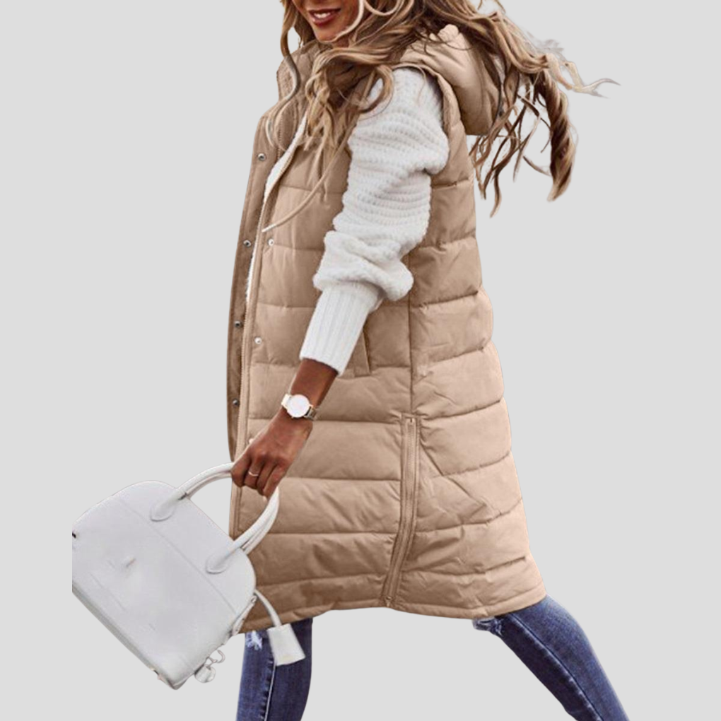 Niki | Gilet sans Manches Femme Long Matelassé à Capuche et Boutons
