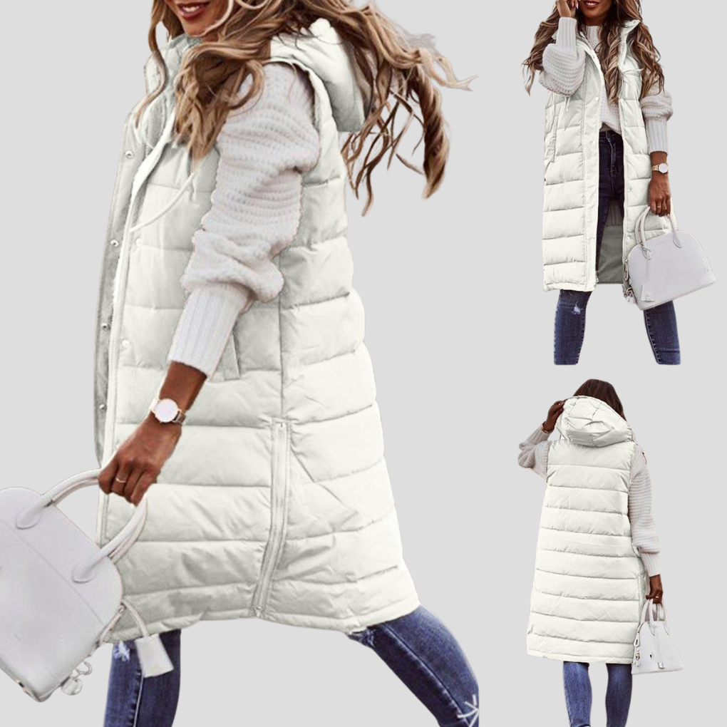 Niki | Gilet sans Manches Femme Long Matelassé à Capuche et Boutons